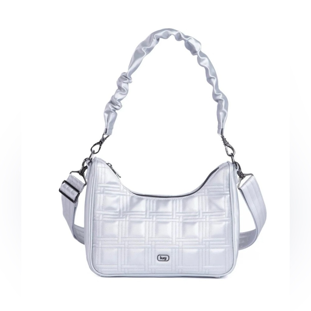 Lug Groove Satin Bag. Metallic Silver with storage bag. NWT. STUNNING!